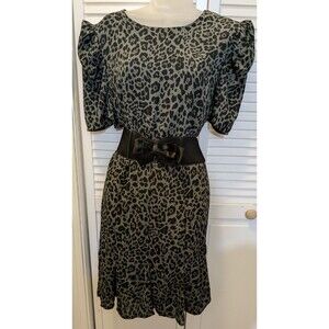 NWT Express Olive Green Leopard Animal Print Puff Sleeve Mob Wife Dress XL
